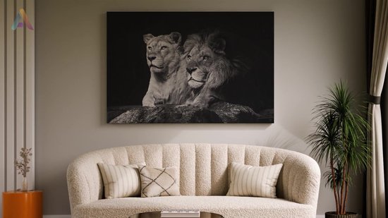 Artaza Canvas Schilderij Leeuw - 120x80 cm - Groot - Wanddecoratie Leeuw En Leeuwin - Muurdecoratie Zwart Wit - Schilderijen Op Canvas Dieren