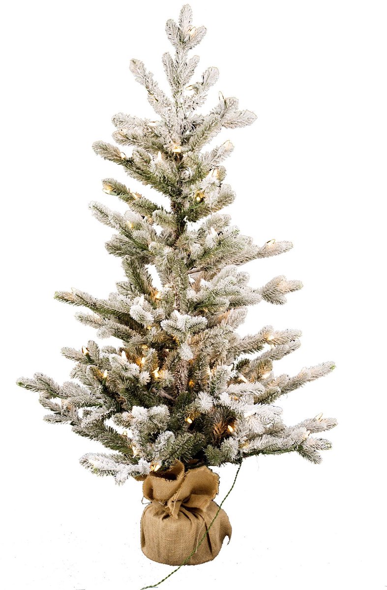 Vaxo Flocked verlichte tafelkerstboom - 91 cm - Wit geflockt groen - Ø81 cm - 147 tips - 50 ledlampjes (warm wit) - Besneeuwd/Frosted - Jute zak