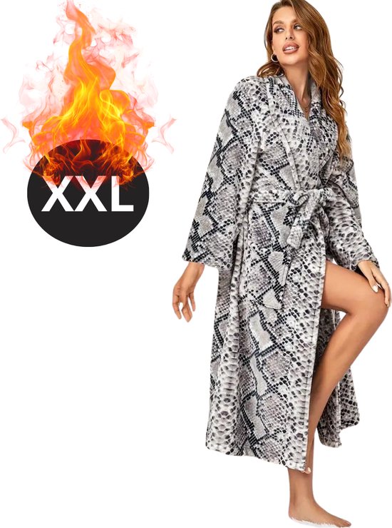 Livano Badjas Dames - Fleece - Katoen - Badstof - Sauna - Hamam - Wafel - Bathrobe - Duster - Ochtendjas - Spa - Kimono - Zwart Wit XXL
