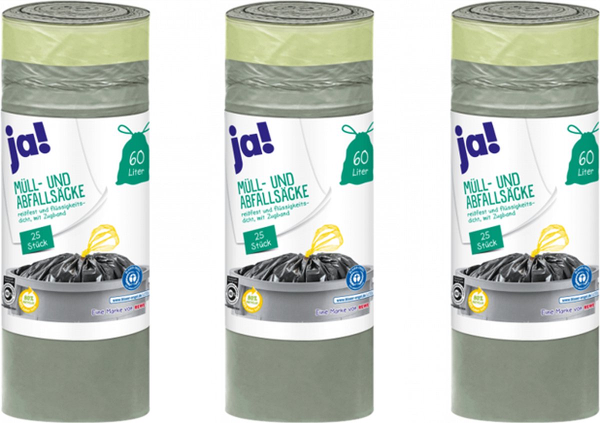Goedkoopste Ja!® | 3 x 25 vuilniszakken 60 liter met trekband | scheur en lek vast