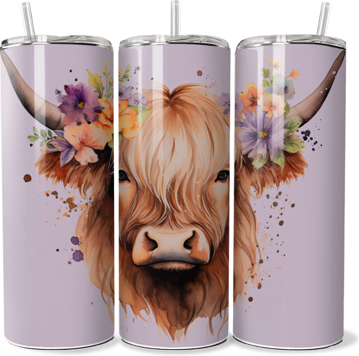 KadoDash - Tumbler - Drinkbeker - Isolatiebeker - Waterfles - Highland Cow - Hooglandse koe met bloemen