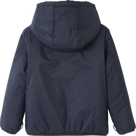Donkerblauwe winterjas, de achterkant met capuchon.