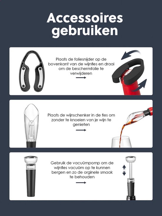 Instructies voor foliesnijder, wijnshenker en vacuümpomp.