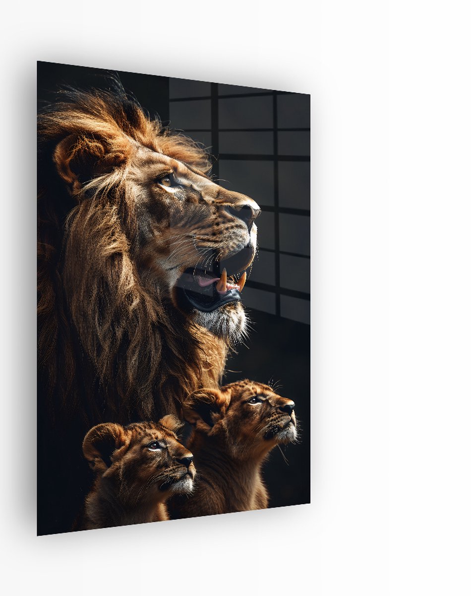 Indoorart Glasschilderij Leeuw uit de Jungle 40x60 CM - Afbeelding op plexiglas - Inclusief montagemateriaal zwart, wit, bruin