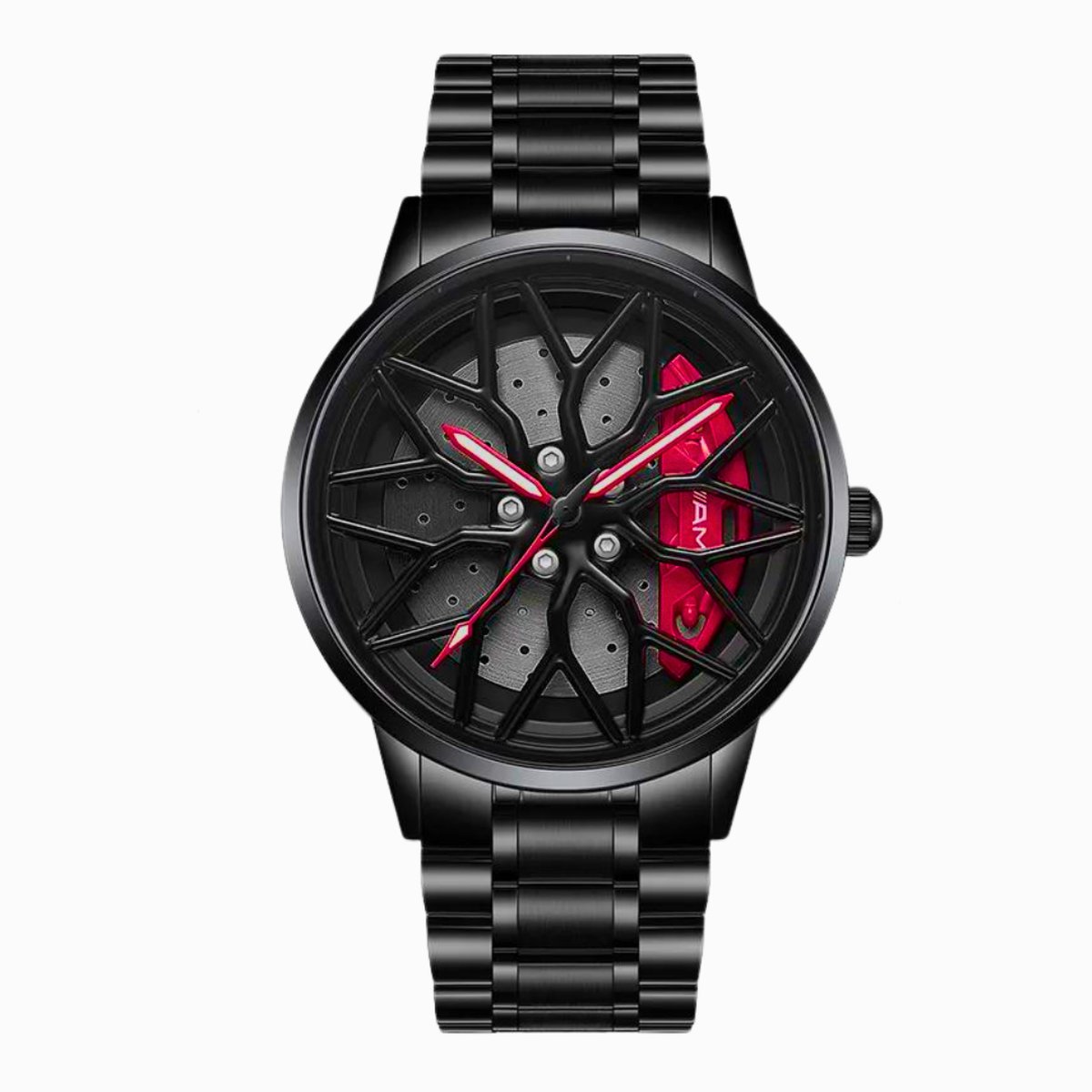 WielWatch - Horloge AMG - Sportauto - Horloges met stalen band- Herenmode - Velghorloge - Cadeau mannen - Autovelg - Draaiend - Autoliefhebber - horloge jongens