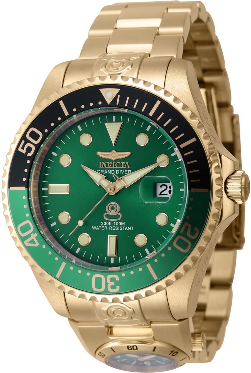 Invicta Grand Diver 45818 Heren Horloge - Waterdicht - Analoog - Automatisch Uurwerk - Roestvrij Staal met groene Wijzerplaat