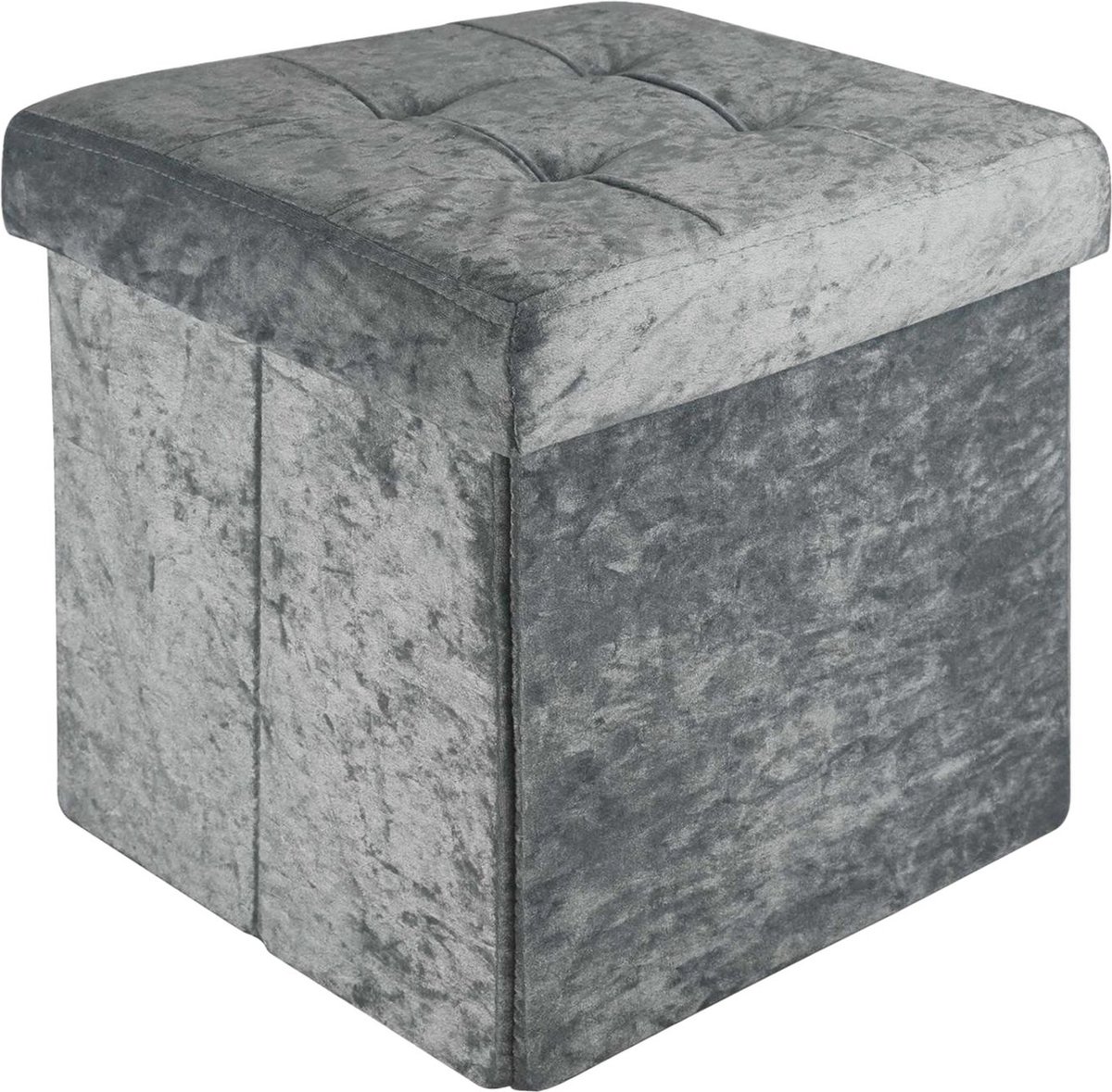 Intirilife Opvouwbaar krukje 38x38x38 cm in fluweelgrijs - zitkubus met opbergruimte en deksel met fluwelen hoes - zitkubus voetensteun opbergkist bankzitting