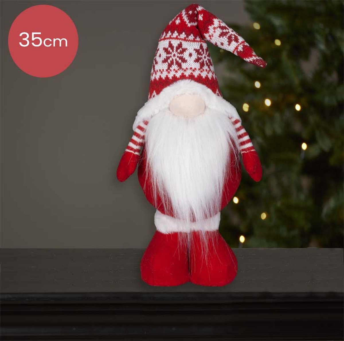 Staande rode Gnoom met wit/rood figuurde muts - 35(48)cm