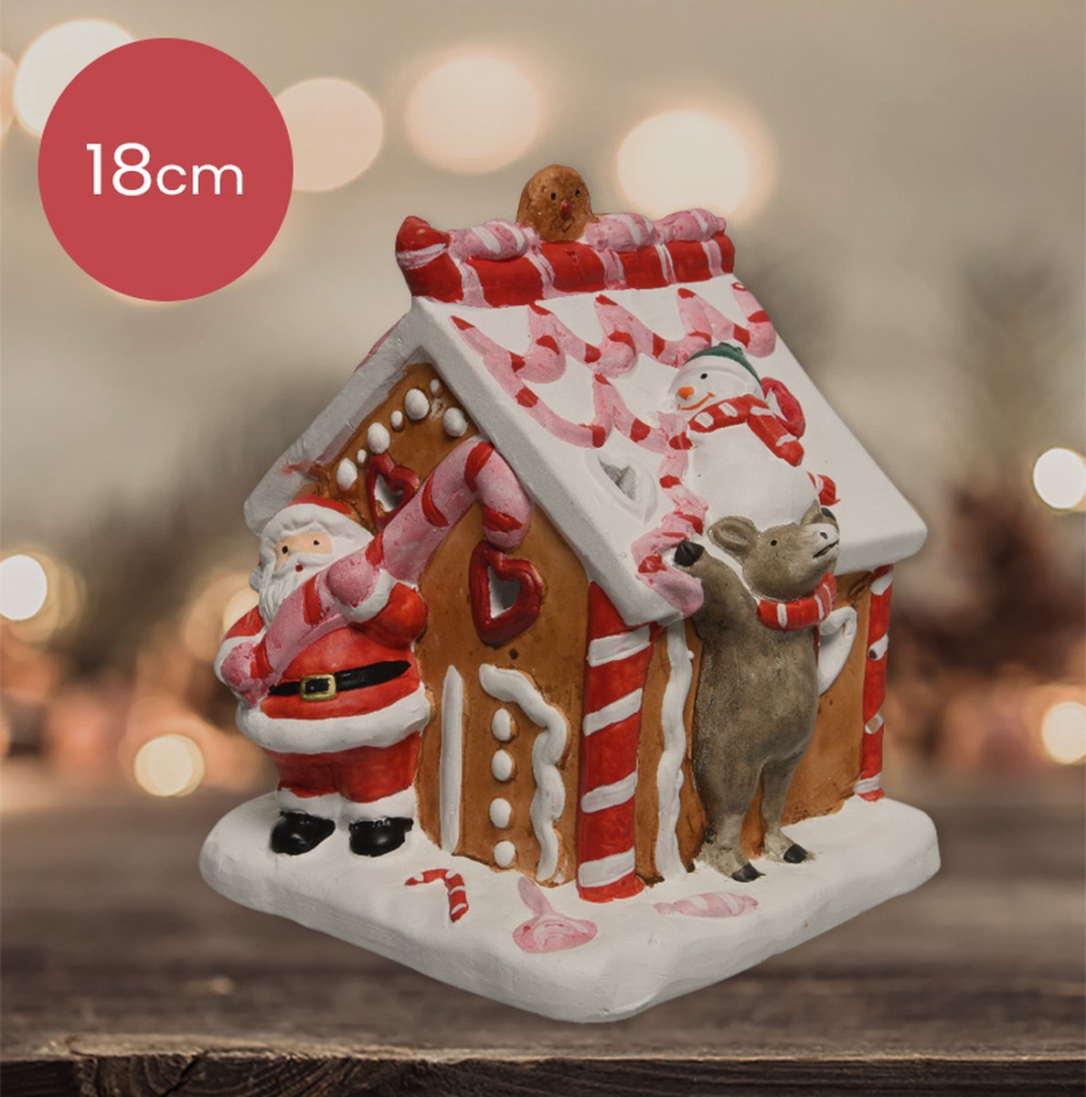Terracotta kersthuisje met snoep en kerstman - 18 cm