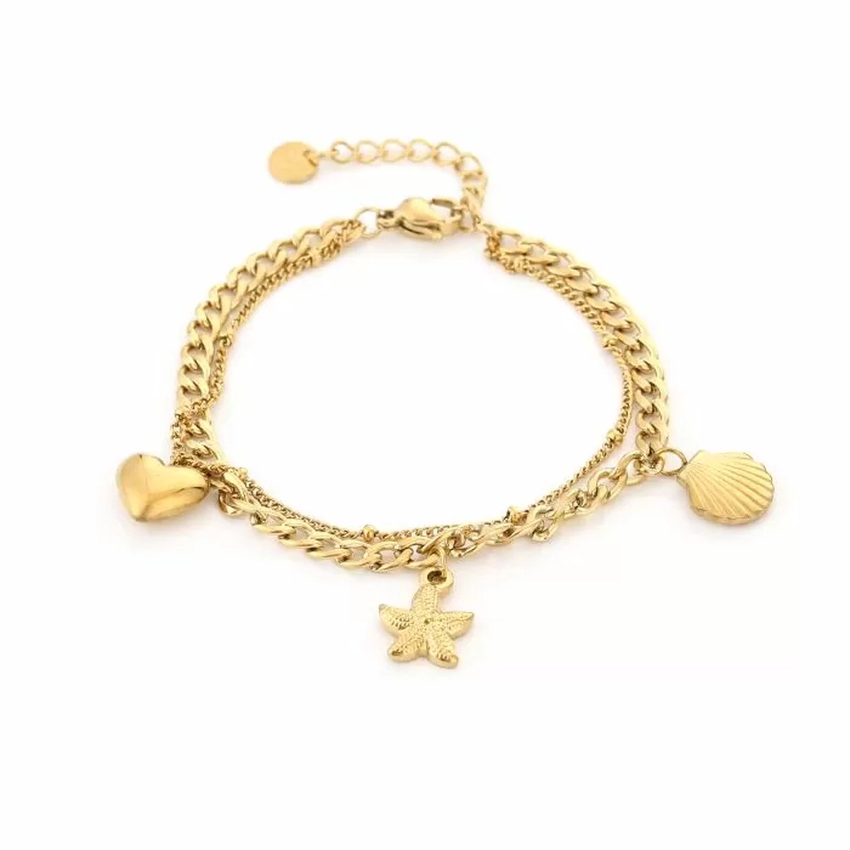 Armband bedels goud - stainless steel waterproof nikkelvrij zeester hart en schelp - dames goud