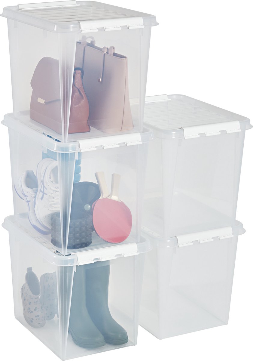 SmartStore Set van 5 Opbergdoos met deksel 52 Liter Opbergbox ™ Classic 50 Stapelbaar en Nestelbaar 10 jaar garantie Voedselveilig BPA vrij Stevige deksels en versterkte hoeken L50 x B39 x H41 cm