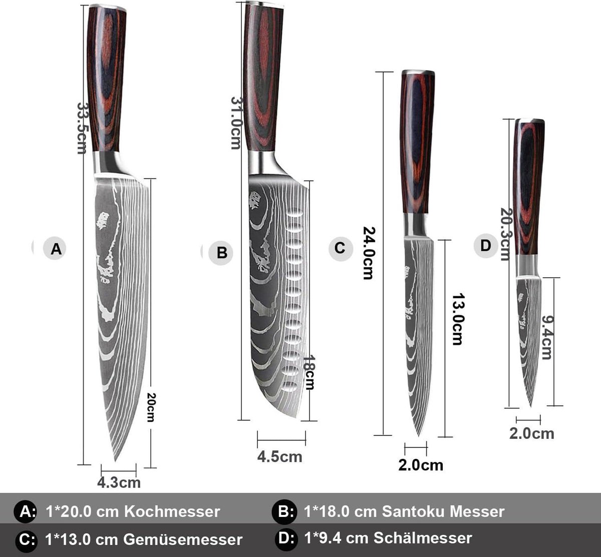 Universeel koksmes scherp keukenmes van Duits roestvrij staal ergonomische pakkawood handgrepen huis restaurant (4 stuks)
