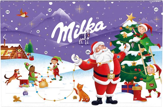 Milka adventskalender met Kerstman, kerstboom, elfen, cadeaus en dieren.