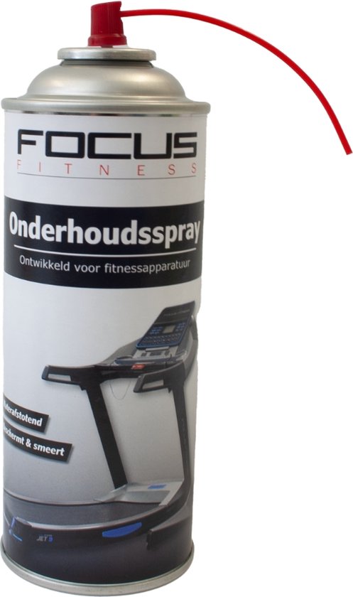 Spuitbus met rode tuit en tekst 'Onderhoudsspray'. Afbeelding van een loopband.