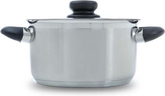 Zilverkleurige kookpan met zwarte handvatten en deksel.