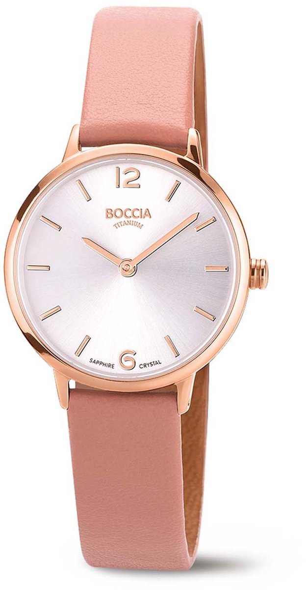 Boccia Titanium 3345-04 Dames Horloge - Saffierglas - Titanium-Leer - Rosé goudkleurig-Roze - 28 mm breed - Quartz - Gesp - 5 ATM (douchen)