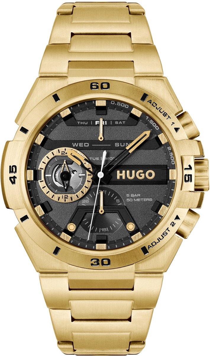 HUGO HU1530338 #WILD Heren Horloge - Mineraalglas - Staal - Goudkleurig - 46 mm breed - Quartz - Vouw-Vlindersluiting - 5 ATM (douchen)