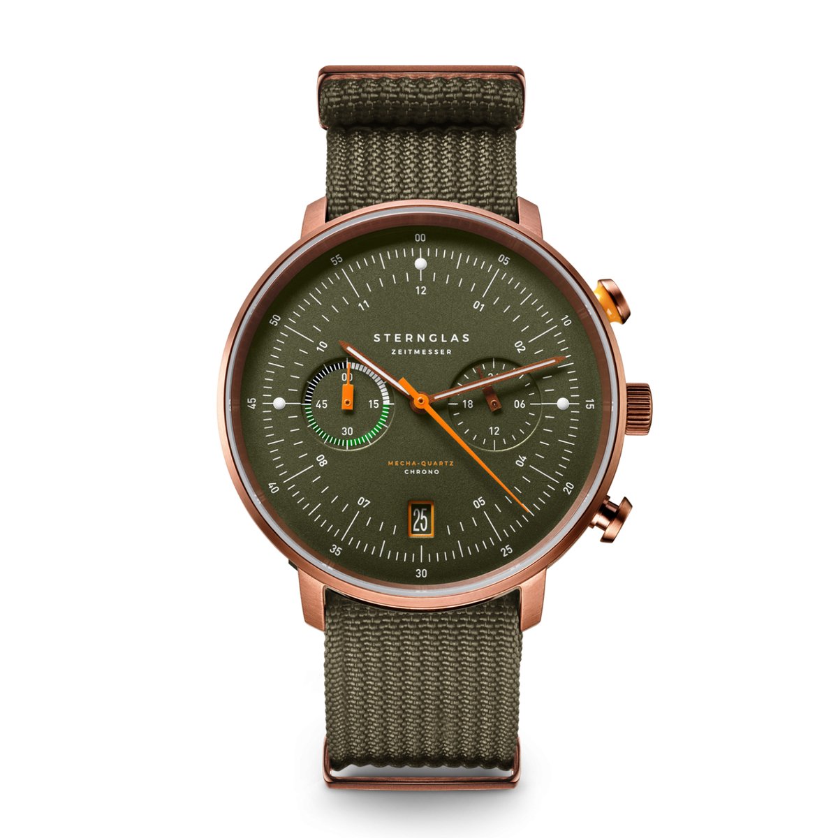 Sternglas S01-HC35-FI05 HAMBURG Heren Horloge - Saffierglas - Staal-Kunstleer - Brons-Groen - Ø 42 mm - Quartz - Gesp - 5 ATM (douchen)