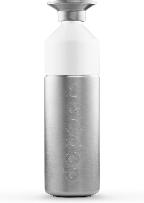 Dopper argenté en acier inoxydable avec bouchon blanc et anneau argenté.