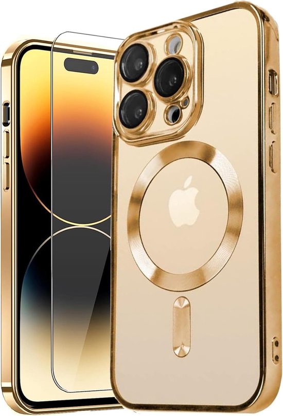 Coque arrière Convient pour : iPhone 16 Pro Max avec protection lens d'appareil photo intégrée + 1x protecteur d'écran [coque magnétique] compatible avec MagSafe Femme Homme - Or