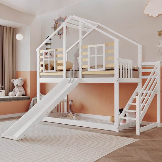 Soweiz Stapelbed met trap, raam en kastkast, frame van massief grenenhout, kinderbed met 3 kluisjes in de trap, met valbeschermingsrooster, wit, 90 x 200 cm