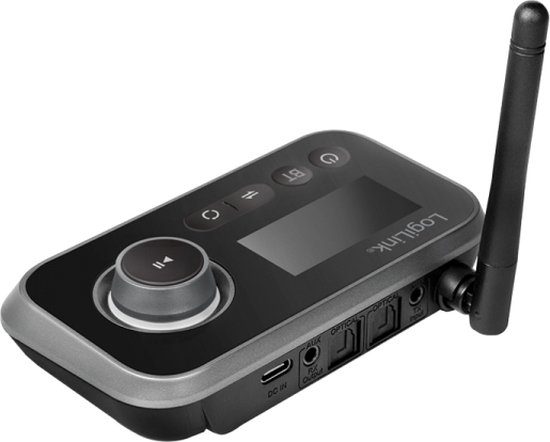 Émetteur/récepteur Bluetooth LogiLink avec antenne, USB-C et connexions audio optiques.