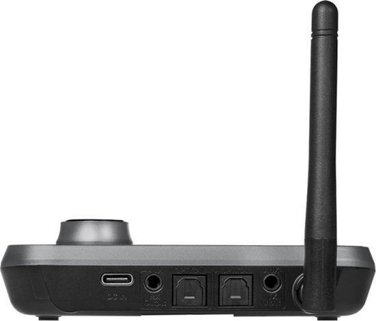 Arrière de l'émetteur/récepteur Bluetooth LogiLink avec antenne, USB-C, connexions optiques et AUX.