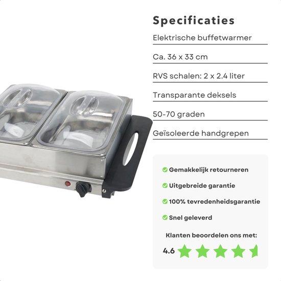 Elektrische Buffetwarmer met Warmhoudplaat - Warmhoudbakken - Warmhoudschalen - Voedsel Verwamer - 2x2.4 Liter - Ge soleerde Handgrepen - Variabel Instelbare Temperatuur - Inclusief EBOOK — afbeelding 4