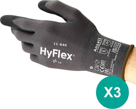 HyFlex® 11-840 - Werkhandschoen, DIY, Garage, Montage, Tuin, 3XL, Zwart, 3 paar