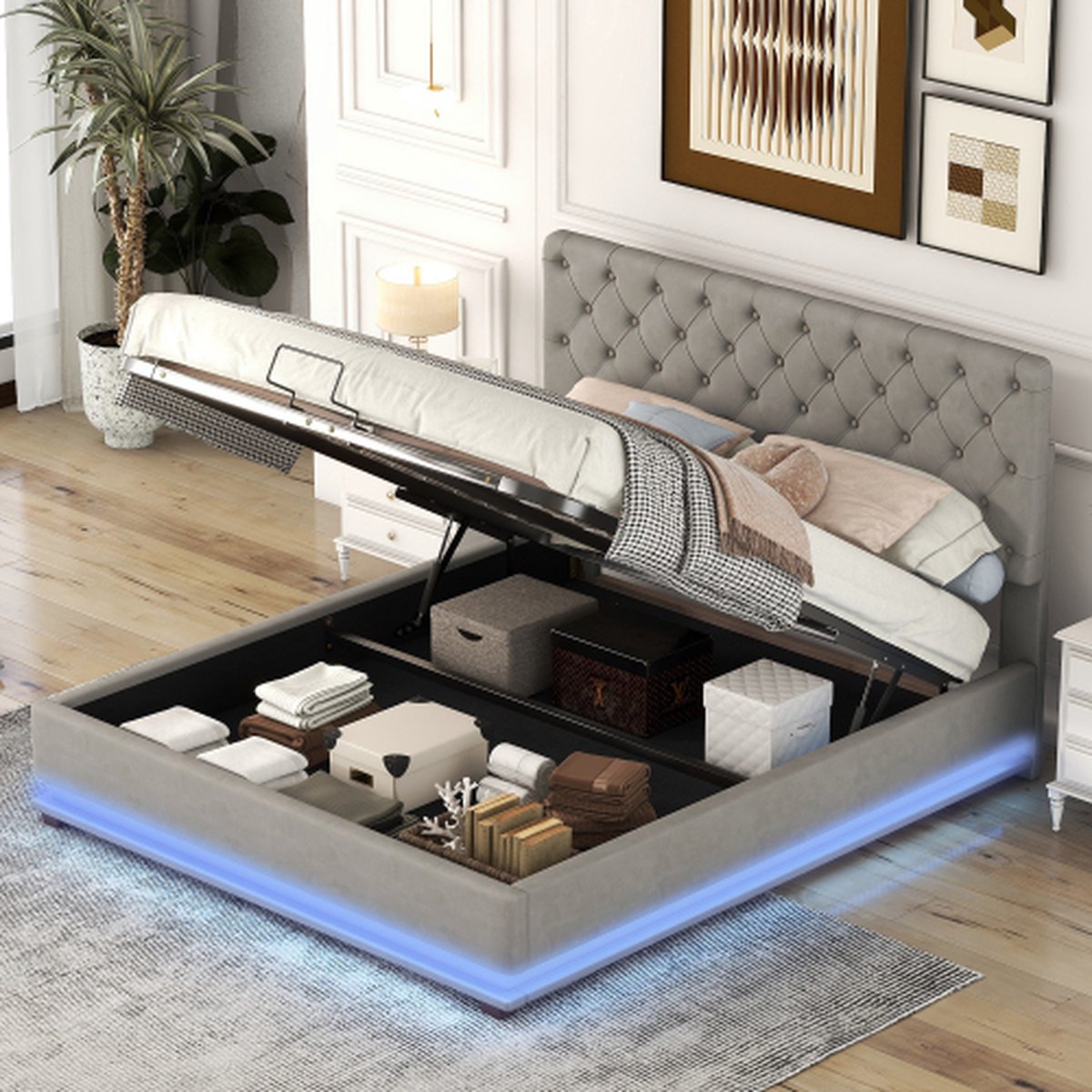 Lit Coffre 140x200 Avec Sommier - Rangement Intégré, Tête De Lit Rembourrée, éclairage LED Et Ports USB, Noir