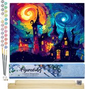 Figured'Art Schilderen op Nummer Volwassenen canvas Fantasiekasteel - Handwerk acrylverf Kit DIY Compleet - 40x50cm met DIY houten lijst