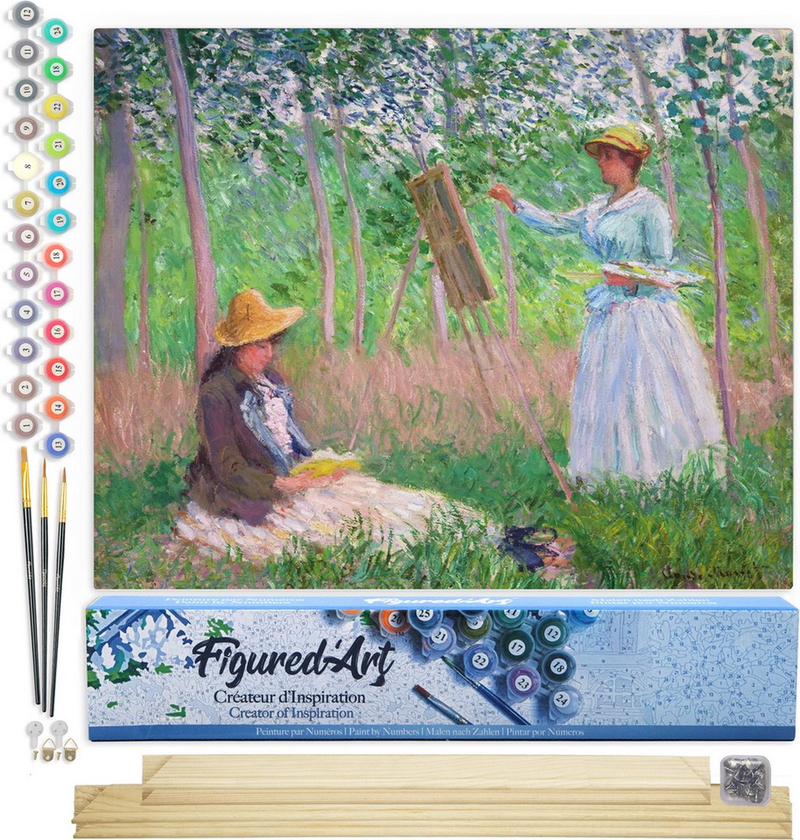 Figured'Art Schilderen op Nummer Volwassenen canvas In de bossen van Giverny - Monet - Handwerk acrylverf Kit DIY Compleet - 40x50cm met DIY houten lijst