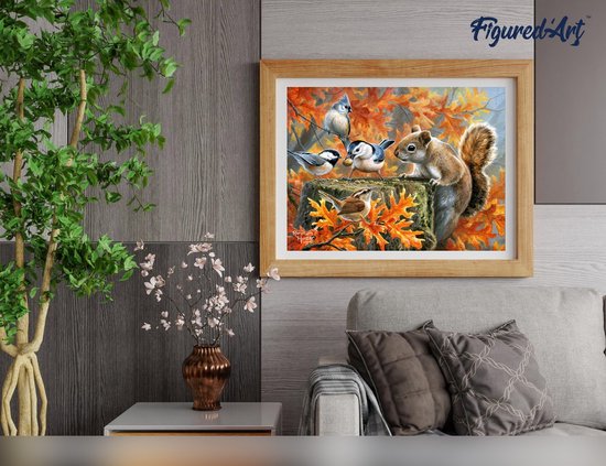 Figured'Art Verf volgens nummers voor volwassenen met lijst ondeugende eekhoorn 40x50cm - knutselkunst schilderij doe-het-zelf kit canvas al opgespannen op een houten lijst