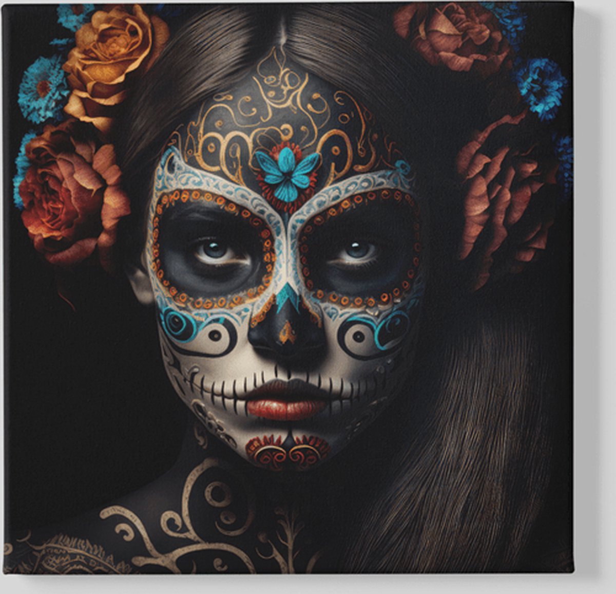 Trendex Global Vierkant Canvas Schilderij - Dia de Los Muertos - 40x40x2 cm Kleurrijk