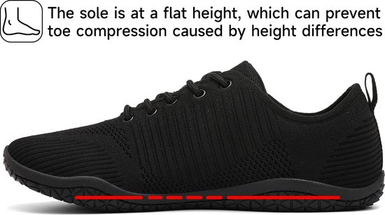 Geweo Chaussures pour femmes Barefoot - Chaussures de sport Baskets pour femmes - Chaussures de Fitness - Chaussures de course - Textile Tricot Respirant - Semelle Plate - Zwart - 42