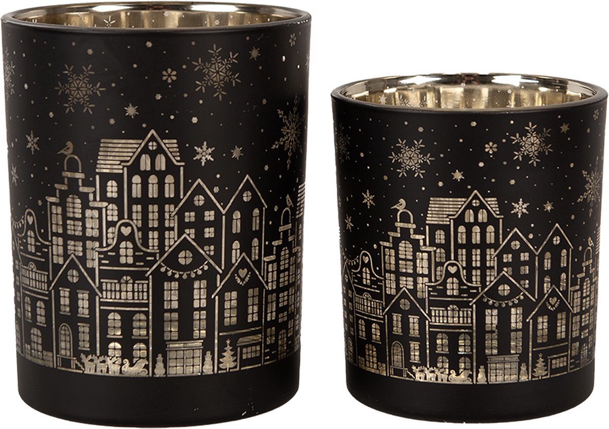 Clayre & Eef Theelichthouder Set van 2 Ø 9x10 / Ø 10x12 cm Zwart Glas Huizen