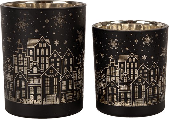 Clayre & Eef Theelichthouder Set van 2 Ø 9x10 / Ø 10x12 cm Zwart Glas Huizen