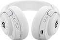 Witte gaming koptelefoon, van voren gezien, met SteelSeries logo op de oorschelpen.