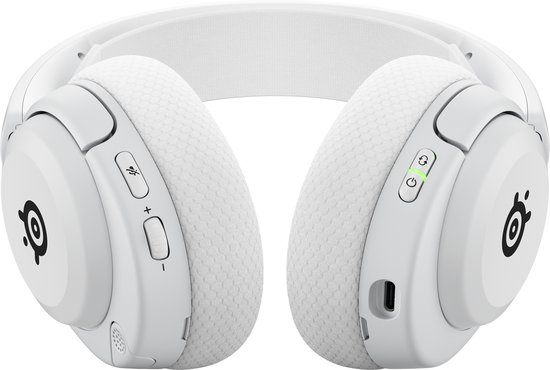 Witte gaming koptelefoon, van voren gezien, met SteelSeries logo op de oorschelpen.