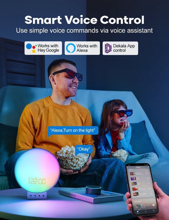 Éclairage d'ambiance Lichtwecker Tageslichtwecker Sonnenaufgang-Sonnenuntergang Simulation Full Bild Wake Up Light avec chargeur sans fil Touch/APP Support - Kinder & Erwachsene - compatible avec Alexa