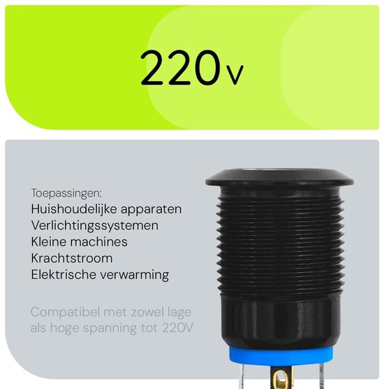 Interrupteur momentané métallique ProRide 220 V OFF-(ON) - 12 mm - Interrupteur momentané - Résistant aux éclaboussures - Indication LED jaune