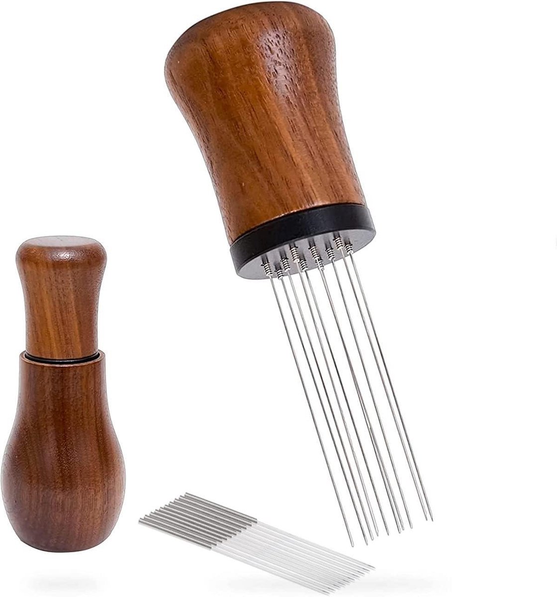 Espresso verdeelgereedschap 10 x 035 mm Roestvrijstalen naalden Koffiemolen verdeler Natuurlijk houten handvat