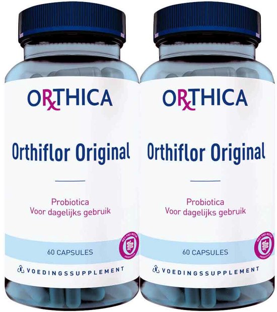 Twee potjes Orthiflor Original met 60 capsules elk, met blauwe doppen en witte etiketten.