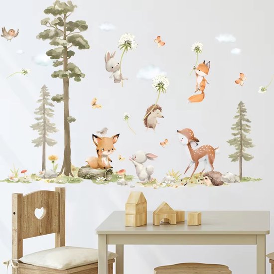 Muursticker Animaux de la Forêt et Pissenlits - 70x47cm - Animaux de la Forêt - PVC autocollant - Décoration Chambre de bébé - Chambre Enfant - Garçon - Fille
