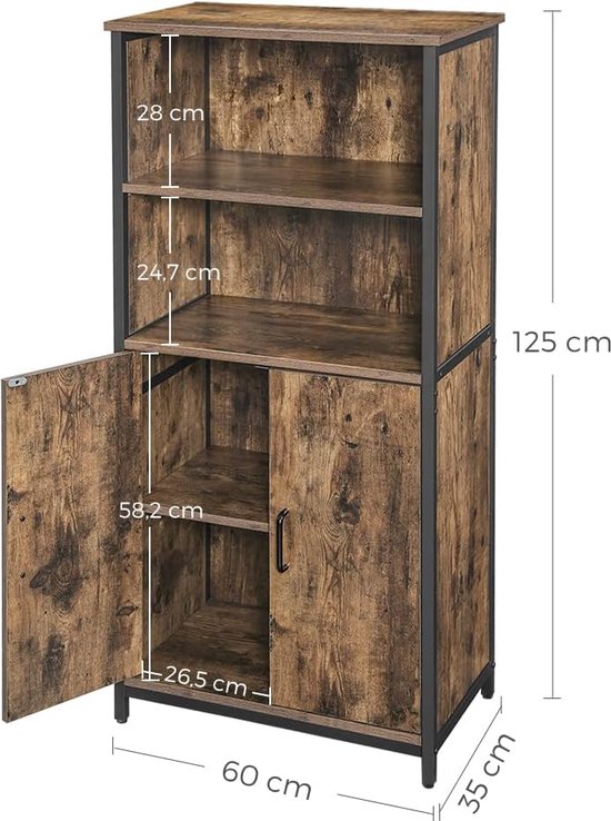 Houten kast met afmetingen 60x35x125 cm. Vier open planken, twee deuren beneden. Zwarte metalen frame.