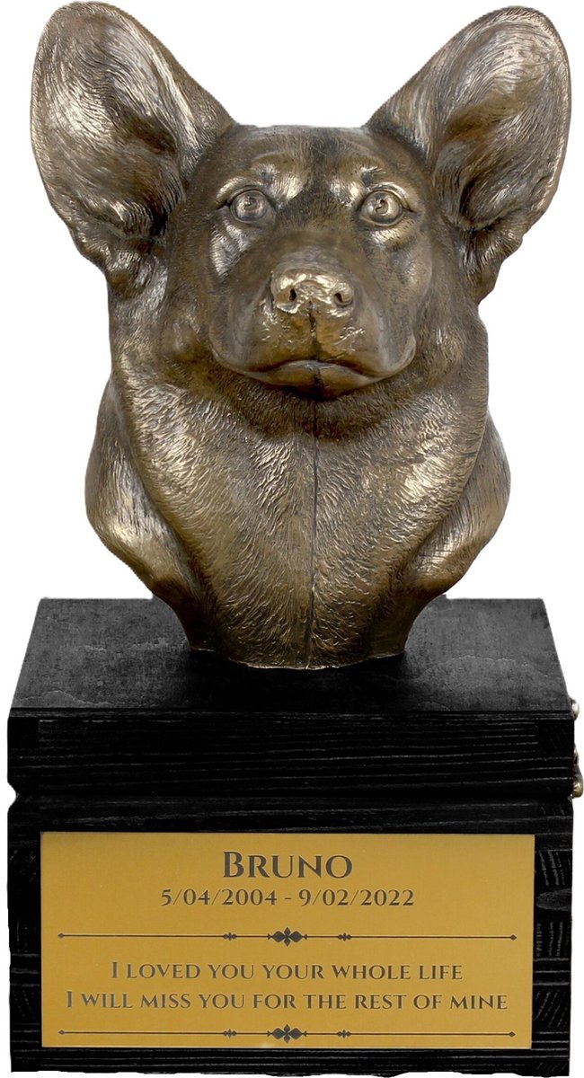 Handgemaakte urn hond met gravure en sculptuur van Pembroke Welsh Corgi