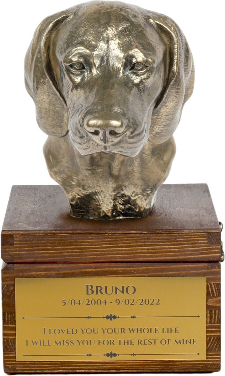 Bavarian Mountain Hound urn met gravure en hondensculptuur, handgemaakt