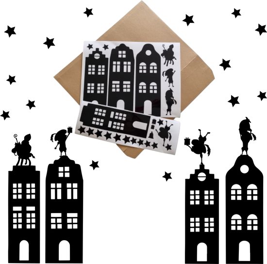 Statische raamstickers Sinterklaas XL – Huisjes Set 25-delig – Herbruikbaar, Duurzaam en geleverd in stevige bewaarenvelop