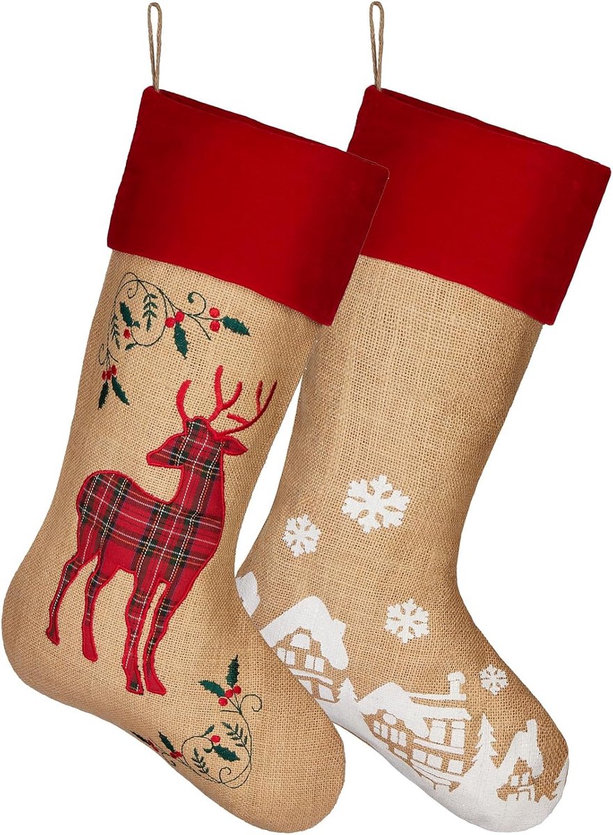 BRUBAKER Kerststocking Set van 2 stuks - 52 cm - Kerstversiering - Kerstdecoratie - Christmas Stocking - Kerstsokken van Jute in Kerstdessins - Kerstdorp en Rendieren