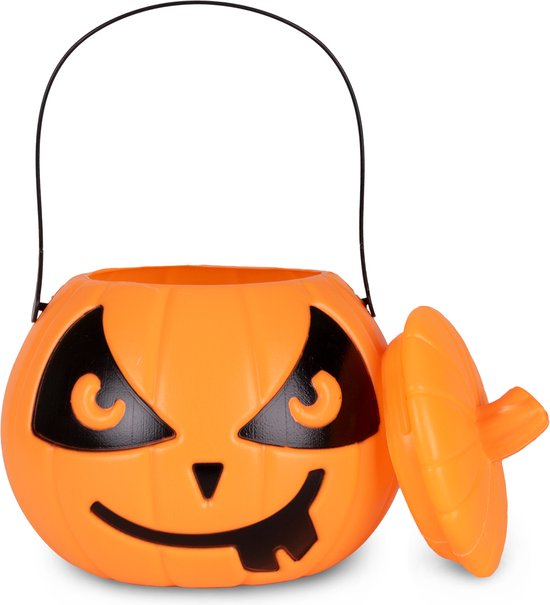 Oranje pompoen emmer met deksel ernaast, zwart eng gezicht en zwart hengsel.